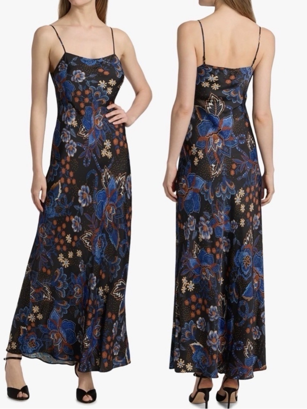 FARM Rio Black Maxi Dress with Blue & Brown Floral Print